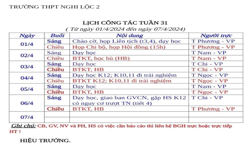 LỊCH CÔNG TÁC TUẦN 31