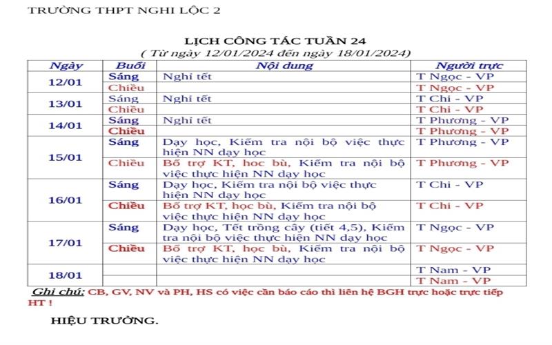 LỊCH CÔNG TÁC TUẦN 24