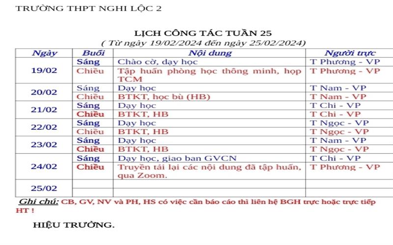 LỊCH CÔNG TÁC TUẦN 25