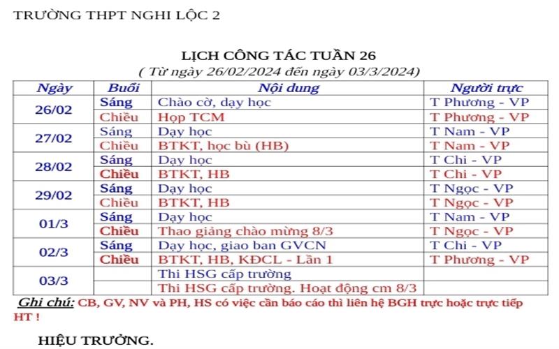 LỊCH CÔNG TÁC TUẦN 26