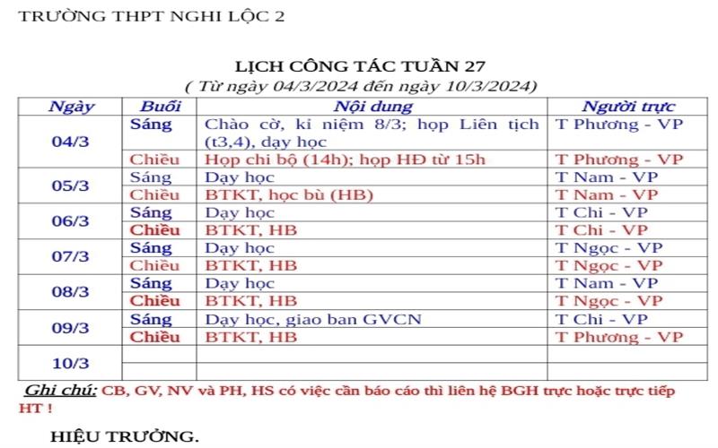 LỊCH CÔNG TÁC TUẦN 27