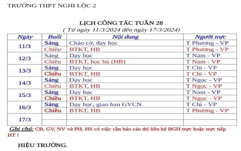 LỊCH CÔNG TÁC TUẦN 28