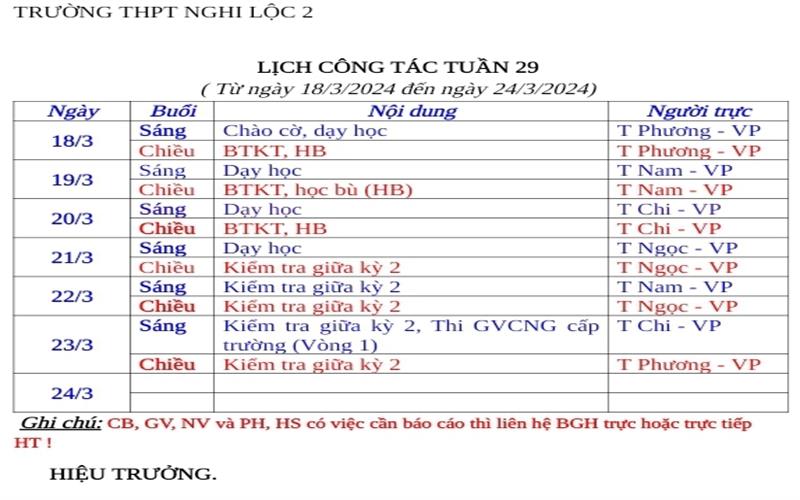 LỊCH CÔNG TÁC TUẦN 29