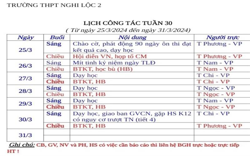 LỊCH CÔNG TÁC TUẦN 30