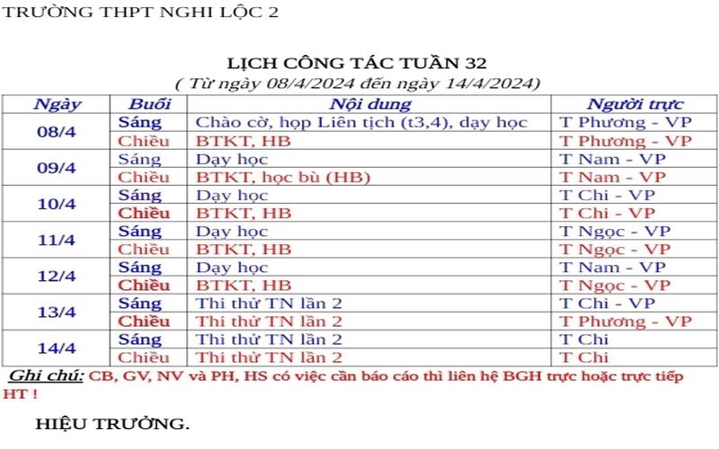 LỊCH CÔNG TÁC TUẦN 32