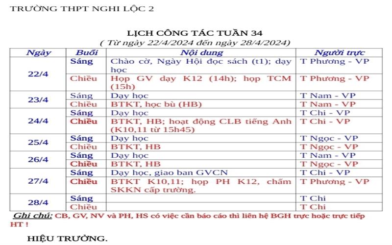 LỊCH CÔNG TÁC TUẦN 34