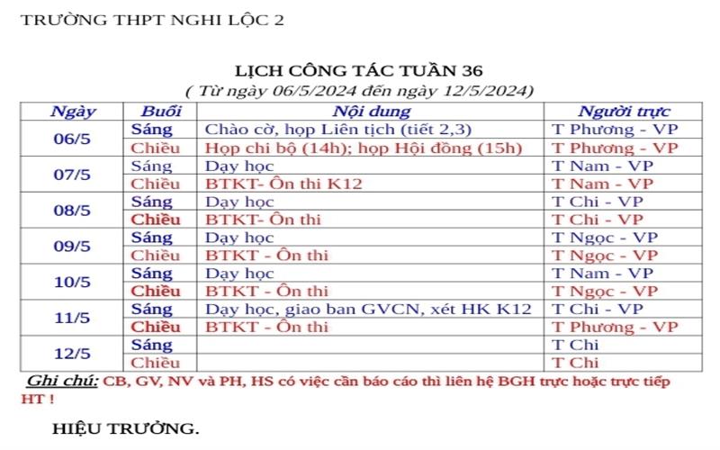 LỊCH CÔNG TÁC TUẦN 36