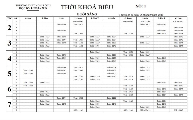 THỜI KHÓA BIỂU SỐ 1