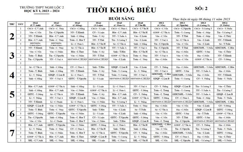 THỜI KHÓA BIỂU SỐ 2