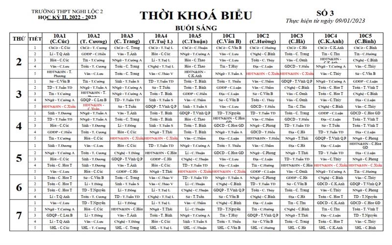 THỜI KHÓA BIỂU SỐ 3 NĂM HỌC 2022 - 2023