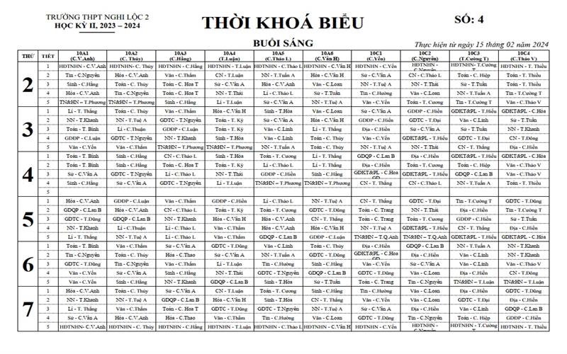 THỜI KHÓA BIỂU SỐ 4