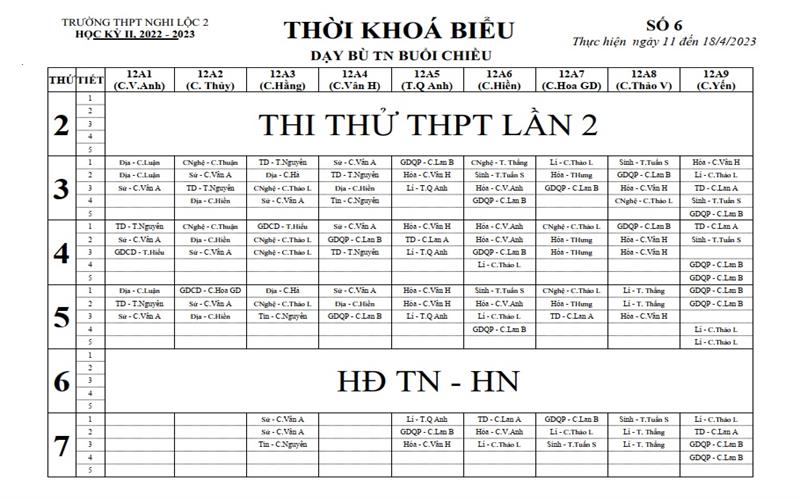 THỜI KHÓA BIỂU SỐ 6 BÙ NĂM HỌC 2022 - 2023