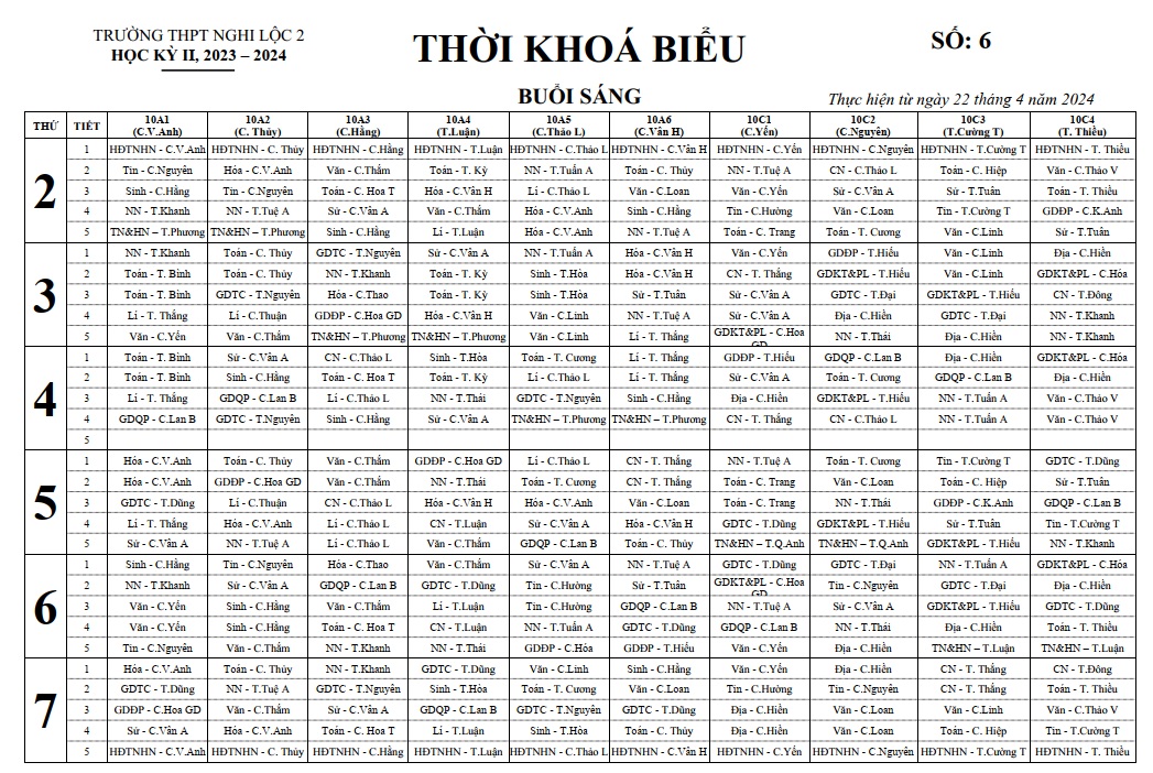 THỜI KHÓA BIỂU SỐ 6 THEO LỚP